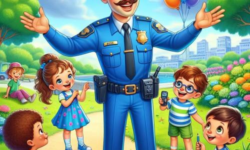 Un poliziotto sorridente, un uomo sulla trentina con capelli castani e baffi, indossa una divisa blu brillante e un grande cappello. È in piedi al centro, con le braccia aperte, mostrando la sua gioia ed entusiasmo, circondato da bambini. Chiara, una ragazza di 8 anni con capelli ricci e un vestito colorato, è seduta per terra con una matita in mano, intenta a disegnare il poliziotto. Luca, un ragazzo di 7 anni con occhiali e una maglietta a righe, è accanto a lei, tiene una radio della polizia, con gli occhi brillanti di eccitazione. Sofia, una ragazza di 6 anni con due trecce, sorride alzando la mano per fare una domanda, un po' in disparte. La scena si svolge in un parco verdeggiante, pieno di alberi maestosi e fiori colorati, con un cielo azzurro chiaro e qualche nuvola soffice. I bambini giocano intorno e palloni fluttuano nell'aria. Il poliziotto spiega con entusiasmo il suo lavoro ai bambini, mostrando oggetti della sua uniforme e parlando dell'importanza di aiutare gli altri, creando un'atmosfera gioiosa ed educativa.
