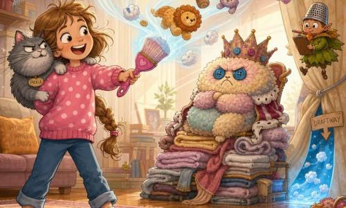 An 8-year-old girl, joyful and determined with light chestnut messy braids, wears a pink polka-dot sweater and holds a pink magic brush glowing faintly blue as she brushes the air like painting a wave of flying stuffed animals; a plump mischievous gray cat named Pickle perches on her right shoulder, whiskers twitching, a tiny Breeze Keeper in a dried-leaf jacket and thimble hat floats near a slightly open curtain with a mini clipboard, and at center back the Fluff King—a round creature of plush balls with button eyes and a fabric crown—floats on a throne of crumpled towels; the living room has a shiny wood floor, patterned rug and curtains parted to reveal a blue 