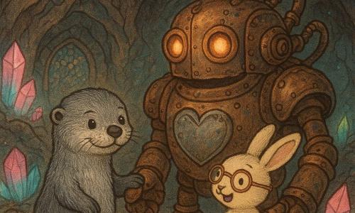 Otis, een jonge otter met zilverglanzende, natte vacht, legt voorzichtig zijn poot op het metalen hart van een grote machine en glimlacht verlegen; Merel, een klein crème konijn met dunne koperen bril, staat steunend naast hem, houdt de andere poot vast en kijkt vol verwondering; de oude wapenmachine is een enorm gepatineerd koperen robot met zichtbare tandwielen en pijpen, wiens lichtjes dof worden terwijl zachte blauwe stoom ontsnapt; facetrijke, lichtgevende wandkristallen in roze, blauw en groen pulseren en werpen kleurrijke reflecties; de grot is diep en ruw met minerale strepen, een met glanzende kiezelstenen bezaaid vloer en een geheime deur met mozaïek op de achtergrond; rustige, magische, warme sfeer met sterke licht- en schaduwwerking, gefocuste compositie op het contact tussen Otis en de machine, eenvoudige illustratiestijl met zachte lijnen en verzadigde kleuren voor kinderen.