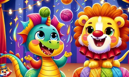 Un pequeño dragón con escamas brillantes como un arcoíris, con grandes ojos redondos y curiosos, está haciendo malabares con ovillos de colores vivos, mostrando una gran sonrisa de emoción. A su lado, un payaso alegre con un gran bigote colorido y una nariz roja, riendo a carcajadas, sostiene un ovillo que acaba de aterrizarle en la cabeza, mientras que una hermosa leona con una melena dorada y ojos dulces sonríe lanzando aros coloridos al aire. La escena se desarrolla bajo una gran carpa de circo de colores vivos, llena de luces centelleantes y espectadores maravillados, todos aplaudiendo y riendo. El dragón, el payaso y la leona están realizando un número de circo hilarante, cautivando la atención de todos con sus talentos y buen humor.