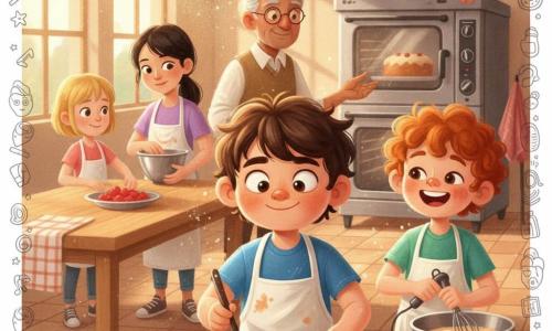 A cozy scene in a bright community kitchen: a round-faced 10-year-old boy with tousled dark brown hair and a shy proud smile wears an oversized flour-streaked apron, delicately holding a small spatula to place basil leaves atop a large party cake on a tray; Mira, about 11, fair-skinned with black hair in a ponytail, stands behind him holding a bowl of batter, ready to help; Sam, ~10, with curly red hair and flour on his nose, laughs warmly while holding an electric whisk to the boy’s right; Juno, ~9, short blond hair and bright eyes, arranges raspberries in a dish to the left; Mr. Ortega, ~70, tanned with gray hair combed back and round glasses, smiles calmly from the background beside a steel oven showing the rising cake. The atmosphere is warm and coordinated, with green basil leaves, smooth white cream, floating flour dust, sunlight casting warm shadows on tiled floors, long wooden tables, shiny metal bowls and colorful tea towels; visual style: warm saturated colors, soft rounded lines, acrylic textures with light doodles of suns, stars and utensils.