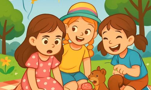 There are three characters: - Lily: an 8-year-old girl with long brown hair, wearing a pink polka dot dress. She is sitting on a picnic blanket, frowning, looking at a missing cupcake with a surprised expression. - Mia: an 8-year-old girl with braided blonde hair, wearing a rainbow hat. She is next to Lily, with her hand on her friend's shoulder, smiling reassuringly. - Zoe: an 8-year-old girl with brown pigtails, wearing a blue t-shirt and shorts. She is crouched in front of a small squirrel, laughing and showing the cupcake that the squirrel is eating. The setting takes place in a sunny park, with lush green trees, colorful flowers dancing in the wind, and a large blue sky dotted with fluffy white clouds. A red and white checkered picnic blanket is spread on the grass, surrounded by floating balloons and food boxes. The main situation shows the three friends discovering a joyful squirrel devouring a cupcake, while Lily, initially angry, starts to smile as she realizes the situation is funny. The expressions of surprise and laughter light up their faces, creating a joyful and friendly atmosphere.