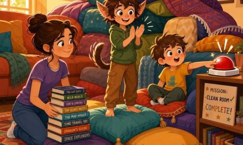 Brin, a whimsical child with a small wagging tail and twitching pointed ears, round expressive face, mischievous smile and sparkling eyes, stands on a cushion terrace clapping gently; Lottie, the older sister, a teenager with hair in a bun, focused but tender, kneels left of Brin wearing a simple t‑shirt and jeans while tidying a neat stack of books; Pip, the little brother, tousled hair and rosy cheeks, sits on a cushion throne to the right pressing a large red game buzzer on a low shelf with pride and wonder; the buzzer is shiny red with a white plastic case and a small sparkle to suggest sound; the warm colorful living room features a geometric rug, low bookshelf, offset plush sofa and piles of cushions and blankets forming a soft fortress behind the children with golden light through a window; the joyful dynamic scene centers on the cushion fort and red button as the siblings celebrate after cleaning, with exaggerated gestures, clear expressions, bold lines and simple shapes in a bright, high-contrast vector youth style.
