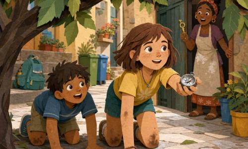 12-year-old girl with a round, freckled face and chestnut bob, determined joyful expression, dirty knees and hands, crawling under a low chestnut-tree branch holding a small shiny metal compass in her right hand; about 8-year-old little brother behind her, messy hair, mouth slightly open in surprise, on all fours in casual shorts, looking admiringly from the left; mother in her 30s–40s with hair in a bun and a flour-dusted apron stands slightly back near a low wooden door in the alley, key in hand, face both reassuring and surprised; paved courtyard with dark-green chestnut leaves forming a low arch, building steps with a backpack, plant pots and colorful bins in the background, soft afternoon light, small herb pouches and ants on the ground; scene of joyful, brave discovery—dust and leaves on clothes, compass pointed forward, family watching, rendered in warm colors with paper-cut textures, clear outlines and soft shadows.