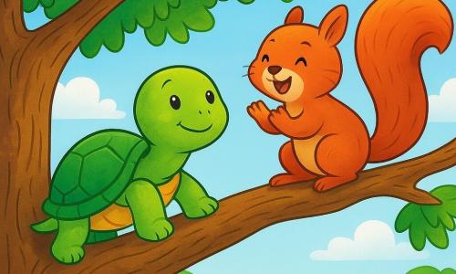 Tilly, a small turtle with a shiny green shell and gentle eyes, stands on a branch of a large oak, her face beaming with pride and determination. Her tiny paws cling to the rough bark as she gazes in wonder at the landscape below. Rosie, a squirrel with bright red fur and a fluffy tail, perches just above Tilly, smiling and encouraging her, her eyes sparkling with joy. The scene is set in a magnificent majestic oak with lush green leaves dancing in the gentle breeze, while a shimmering pond below reflects the blue sky. Colorful flowers surround the trunk, adding touches of yellow and purple to the picture. The main situation shows Tilly, the turtle, slowly but surely climbing on the branch, realizing her dream of climbing a tree, while her friends enthusiastically cheer her on, creating an atmosphere of camaraderie and self-confidence.