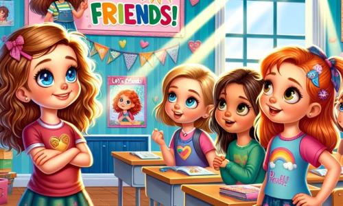 In a bright classroom, Mia, a 10-year-old girl with wavy brown hair and sparkling blue eyes, stands on the left, smiling and confident, holding a colorful sign that says "Let's be friends!" To her right, Emma, a 10-year-old girl with red hair in pigtails, wears a colorful skirt and a patterned t-shirt, looking at Mia with admiration and determination. In the center of the class, a group of three girls, including Lily, the tallest with blonde hair and a mocking look, stands in the background, arms crossed, displaying a defiant expression. The classroom walls are decorated with colorful posters about kindness, and sunlight streams in through the windows, brightening the space. The main scene shows Mia and Emma, united and brave, ready to stand up for their friend against bullying, while the group of girls, surprised, begins to realize the importance of friendship and respect.
