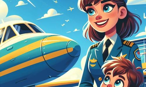 Una piloto llamada Sofía está de pie junto a su gran avión de colores vivos, sonriendo. Lleva un traje de piloto azul, un casco y gafas de sol, con su cabello castaño ondeando ligeramente. A su lado, un niño de 8 años llamado Lucas, con ojos brillantes y cabello desordenado, levanta los brazos con entusiasmo, soñando con volar algún día. Lleva una camiseta amarilla y un pantalón corto, de pie sobre un banco cerca del avión, mirando a Sofía con admiración. La escena tiene lugar en un aeropuerto soleado, con un cielo azul y algunas nubes blancas. En el fondo, hay otros aviones y personas con equipaje, creando un ambiente animado. Sofía le cuenta a Lucas historias de sus aventuras aéreas, mientras él la escucha con asombro, iluminados por el sol y compartiendo su sueño de volar juntos.