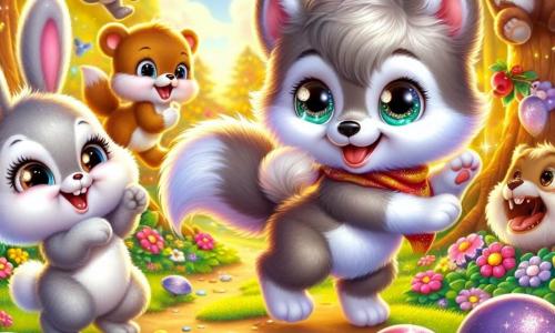 An illustration depicts a small wolf with soft, fluffy fur, bright mischievous eyes, and a wagging tail, joyfully dancing in a field of colorful flowers. Next to him, a small rabbit with bright white fur and large upright ears playfully hops, her sparkling eyes filled with joy. In the background, a round teddy bear with a warm smile enjoys berries with a delighted expression. A playful squirrel, wearing a red scarf, climbs a tree, laughing at her friends. The main setting is an enchanted clearing bathed in golden light, surrounded by majestic trees with shimmering leaves. Giant candies and multicolored flowers decorate the ground, while a chocolate stream flows peacefully nearby. The main scene shows the little wolf and his friends dancing joyfully together, celebrating their friendship and adventure amidst treats and laughter. Additional graphic elements include sparkling stars in the sky, candy garlands hanging from tree branches, and laughter illustrated by colorful speech bubbles.