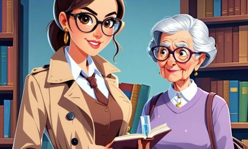 Uma detetive mulher, Clara, está no centro da imagem, com cabelos castanhos presos em um coque e óculos redondos. Ela usa um trench coat bege e um sorriso determinado, seus olhos brilhando de excitação e curiosidade. Clara segura um caderno em uma mão e examina um tubo de plástico transparente com a outra, mostrando uma expressão de descoberta. Ao lado dela está Dona Estela, uma bibliotecária de cerca de 60 anos, com cabelos grisalhos em um coque e óculos retangulares. Ela usa um suéter roxo e observa Clara com uma expressão de preocupação, segurando um livro nas mãos. Um pouco mais longe, Seu Raul, o jardineiro, um homem de cinquenta anos com barba grisalha e uniforme de limpeza, observa a cena com um ar de alívio, segurando uma vassoura. A cena se passa em uma biblioteca municipal aconchegante, com estantes cheias de livros coloridos, tapetes macios e luzes suaves. Ao fundo, uma janela deixa entrar a luz do dia, e um canto da sala mostra uma gota d'água caindo no chão, criando uma pequena poça. A situação principal mostra Clara descobrindo o Mapa da Primeira Feira da Vila, cuidadosamente enrolado no tubo, enquanto Dona Estela e Seu Raul a observam com curiosidade. A atmosfera é cheia de mistério e excitação, com brilhos de purpurina dourada cintilando no chão.