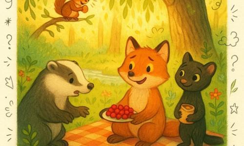 The main character is Finn, a warm, slightly embarrassed red fox with hazel eyes, sitting on a checkered blanket, smiling and offering a plate of berries. Mira, a shy but smiling black-furred marten with large green eyes, stands slightly behind Finn holding a pouch of roasted hazelnuts. Bella, a stocky black-and-white badger, looks embarrassed then remorseful as she leans left offering berries to Mira. Sammy the squirrel, small and lively, nibbles a hazelnut with wide-eyed delight from a low branch above the blanket. The scene is a bright woodland glade beneath a weeping willow with mossy ground, colorful wildflowers, a sparkling stream and golden sunlight filtering through the leaves. The composition centers on the blanket and readable expressions, depicting a gentle picnic of animals sharing food, reconciliation and friendship, with warm colors and soft textures.
