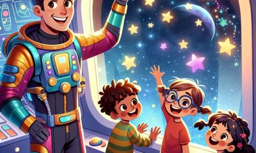 O personagem principal, o Comandante Léo, é um homem sorridente de cerca de trinta anos, com cabelos castanhos e olhos brilhantes de excitação. Ele usa um traje espacial brilhante, decorado com cores vivas, e está de pé perto da janela de sua grande nave espacial, apontando para as estrelas cintilantes do lado de fora com um olhar maravilhado. Ao seu lado, um grupo de quatro crianças alegres, dois meninos e duas meninas, com idades entre 8 e 10 anos. O primeiro menino, Lucas, tem cabelos loiros bagunçados e usa uma camiseta vermelha. Ele salta de alegria, com os braços levantados. A segunda menina, Mia, tem cabelos negros trançados e um sorriso radiante, segurando um pequeno robô de brinquedo. O terceiro criança, Tom, usa óculos e um suéter azul, observando atentamente pela janela. Finalmente, a quarta menina, Clara, tem cabelos cacheados e usa um vestido roxo, desenhando estrelas em um caderno. A cena acontece dentro da nave espacial, que está cheia de luzes coloridas e painéis de controle futuristas. Através das grandes janelas, pode-se ver uma vista deslumbrante do espaço, com planetas coloridos e estrelas brilhantes. A situação principal mostra Léo e as crianças maravilhados com a beleza do universo, enquanto se preparam para explorar novos mundos cheios de aventuras e descobertas.