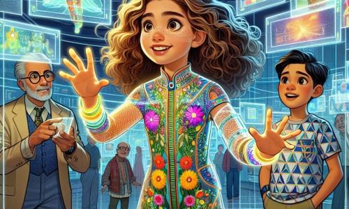 O fată de 12 ani, Clara, stă în centrul imaginii, cu părul lung și buclat de culoare castaniu deschis, ochi strălucitori de curiozitate și un zâmbet larg pe față. Ea poartă o combinație futuristă în culori vii, decorată cu motive de flori și frunze, și manipulează un panou de control holografic, cu mâinile întinse spre imagini luminoase care plutesc în jurul ei. Lângă ea, un băiat de 11 ani pe nume Alex, cu părul scurt și negru, poartă un tricou cu motive geometrice și o pereche de pantaloni scurți. El privește cu admirație hologramele care prind viață, pregătit să o ajute în proiectul lor. În spatele lor, un bărbat de vârstă mijlocie, domnul Arion, cu părul argintiu și ochelari rotunzi, îi observă cu un zâmbet binevoitor, cu brațele încrucișate, gata să-i încurajeze. Decorul este cel al Centrului de Inovație, o sală imensă futuristă cu pereți transparenți, plină de ecrane interactive și dispozitive tehnologice strălucitoare. Holograme colorate plutesc în aer, reprezentând copaci de cristal și parcuri suspendate, creând o atmosferă magică și inspiratoare. Situația principală îi arată pe Clara și Alex în plină creație a unui parc futurist, folosind tehnologia holografică pentru a imagina un spațiu unde natura și tehnologia se întâlnesc, în timp ce domnul Arion îi încurajează și îi ghidează în aventura lor creativă.