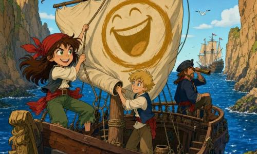 Die Hauptfigur ist die junge Piratin Emma mit schelmischem Gesicht, funkelnden grünen Augen, rotem Tuch und zerzaustem braunem Haar, die entschlossen lächelnd ein großes bemaltes Segel hochzieht; ein etwa 12-jähriger blonder Junge als Maat hilft links am Mast auf dem Deck, ein etwa 40-jähriger Mann mit kurzem Bart und abgenutztem Seemannshut beobachtet vom Heck mit einem Fernrohr das Meer; das kleine Holzpiratenschiff "Windstürmer" liegt in einer engen Bucht an okkergelben, algengrünen Klippen, verwittertes Planken-Deck und sichtbares Tauwerk, tiefblaues, schimmerndes Meer; das Segel zeigt ein großes lachendes ocker-gelbes Gesicht mit einfachen Zügen und sichtbaren Pinselstrichen auf zerknitterter Leinwand; Szene: Augenblick des Setzens des Segels, um ein feindliches Schiff zu täuschen, angespannte und dennoch fröhliche Stimmung, klarer Himmel, weiche Schatten und wehende Fahnen.