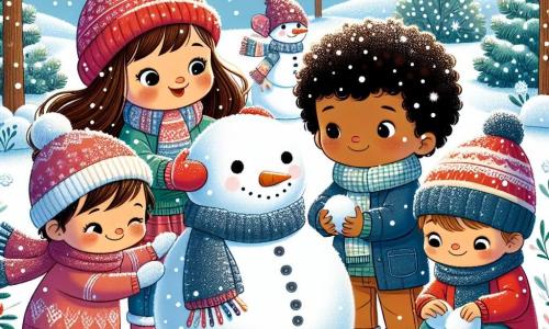 En un parque nevado, cuatro niños se divierten juntos. Sofía, una niña de 3 años con largos cabellos castaños y un gorro rojo, ríe mientras hace una bola de nieve. A su lado, Miguel, un niño de 3 años con cabello rubio y una bufanda azul, levanta los brazos, listo para lanzar una bola de nieve. Laura, otra niña de 3 años con cabello rizado y un abrigo rosa, sonríe mientras coloca botones en la cara del muñeco de nieve que han construido. Por último, Tomás, un niño de 3 años con cabello castaño y un abrigo verde, se agacha para recoger nieve, con los ojos brillantes de alegría. El parque está cubierto de una gruesa capa de nieve brillante, con árboles cuyas ramas están cargadas de copos blancos. El cielo es de un azul brillante, salpicado de algunas nubes esponjosas. Las huellas en la nieve conducen a un muñeco de nieve sonriente, adornado con una bufanda roja y botones coloridos. Los niños están activos, riendo y jugando a hacer bolas de nieve, creando un ambiente alegre y festivo, listos para lanzarse bolas de nieve mientras la nieve sigue cayendo suavemente a su alrededor.