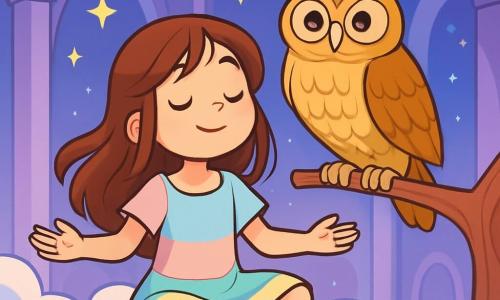 Una niña de 12 años, llamada Lucía, está sentada en una nube esponjosa, con una sonrisa serena y ojos brillantes de curiosidad. Tiene el cabello largo y castaño flotando alrededor de su rostro, vestida con un vestido ligero de colores pastel. A su lado, un majestuoso búho de plumas doradas, Bubo, está posado en una rama luminosa, observando a Lucía con benevolencia. El lugar es un palacio de luz suave, con paredes que brillan en tonos violetas y azules, y el suelo cubierto de nubes esponjosas. Estrellas brillantes danzan a su alrededor, añadiendo un toque mágico a la atmósfera. La escena principal muestra a Lucía respirando profundamente, con los brazos abiertos hacia el cielo estrellado, mientras Bubo le enseña el arte de la relajación, creando una atmósfera de paz y bienestar.