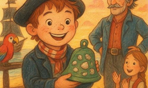 A joyful pirate boy named Finn with a round freckled face and messy brown hair wears a worn navy jacket and striped scarf, holding a green shell-covered bell to his chest as the water pulls away in bright bands after it rings; behind him to port stands the grizzled fifty-year-old captain with a gray mustache, hands on hips admiring the bell, while to starboard a ten-year-old girl cabin boy with a braid and small red vest applauds beside a barrel and a red-and-blue parrot perches on the rail tilting its head; the scene is on a golden beach by a small green island with a whale-shaped rocky peak and a dark wooden pirate ship with patched sails anchored nearby, silver fish in shimmering tide pools, pink sunset clouds and delighted faces of the crew, in a soft colored-pencil style with warm tones, visible texture, clear simple composition suitable for a six-year-old.