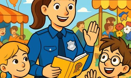 Eine lächelnde Polizistin in einer leuchtend blauen Uniform mit einem glänzenden silbernen Abzeichen auf der Brust steht im Zentrum der Szene. Ihr Gesicht strahlt Stolz und Entschlossenheit aus, ihre braunen Haare sind zu einem Pferdeschwanz gebunden. Sie beobachtet aufmerksam die Kinder um sich herum, bereit, spannende Geschichten zu teilen. Rechts von ihr hebt ein 11-jähriger Junge namens Tim mit runden Brillen und zerzausten Haaren begeistert die Hand, seine Augen funkeln vor Aufregung. Links von ihr lächelt Sarah, ein 10-jähriges Mädchen mit blonden Zöpfen, und hört aufmerksam zu, die Arme verschränkt, voller Neugier. Die Szene spielt sich auf einem lebhaften Markt ab, mit bunten Ständen, die mit frischen Früchten, leuchtenden Blumen und Holzspielzeug überquellen. Menschen bewegen sich, lachen und unterhalten sich, während Ballons im blauen Himmel schweben. Die Polizistin erklärt den Kindern die Bedeutung ihres Berufs und erzählt ihnen eine lustige Geschichte über einen Hund, der geholfen hat, einen Dieb zu fangen. Die Kinder hören fasziniert zu, ihre Gesichter erleuchtet von Begeisterung und Neugier, bereit, gemeinsam ein Abenteuer zu erleben.