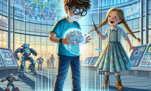 Un băiat de 12 ani, pe nume Andrei, stă în centrul imaginii, cu părul brun dezordonat și ochelari rotunzi care îi dau un aer curios. Poartă un tricou albastru viu cu motive futuriste și o pereche de blugi. Fața lui exprimă o mare excitație și concentrare în timp ce manipulează o cască tehnologică strălucitoare, "Gânditorul", care scintilează cu lumini colorate. La dreapta lui, Raluca, o fată de 11 ani cu părul lung și blond împletit, observă cu un zâmbet încântat. Poartă o rochie ușoară cu motive florale și ține în mâini o telecomandă futuristă, pregătită să controleze un zmeu holografic care plutește deasupra lor. Decorul este al unui imens Centru de Tehnologie, cu pereți din sticlă transparentă și ecrane holografice care afișează grafice animate. Roboți și gadgeturi futuriste sunt împrăștiate în jurul lor, creând o atmosferă dinamică și inovatoare. Situația principală îi arată pe Andrei și Raluca testând Gânditorul, un dispozitiv care transformă gândurile lor în acțiuni, în timp ce un mic robot pe care l-au construit împreună începe să adune deșeuri din jurul lor, ilustrarea proiectului lor de a face orașul mai curat.