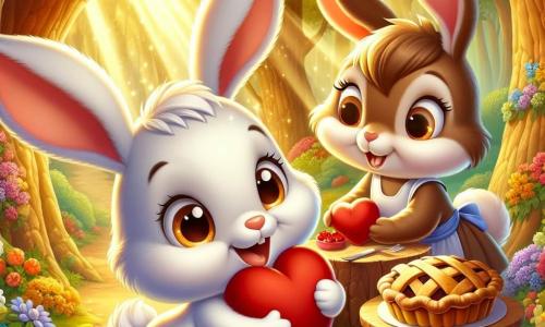 In una foresta incantata, un coniglietto di nome Bianchino, con un pelo bianco splendente e grandi orecchie morbide, esprime una gioia contagiosa mentre tiene un peluche a forma di cuore tra le zampe anteriori. I suoi occhi brillano di eccitazione e il suo sorriso radioso mostra la felicità di offrire un regalo alla mamma. Accanto a lui, la mamma Rossa, un bel coniglio con pelo marrone e occhi affettuosi, guarda il figlio con tenerezza mentre prepara una deliziosa torta su un tavolo di legno, circondata da fiori colorati che aggiungono un tocco di magia alla scena. La foresta è inondata di luce dorata, con alberi maestosi dalle foglie verdi vibranti, fiori multicolori che punteggiano il terreno e raggi di sole che filtrano tra i rami, creando un'atmosfera calda e gioiosa. La scena principale mostra Bianchino, tutto emozionato, mentre consegna il suo regalo alla mamma, che lo bacia teneramente, celebrando insieme la festa della mamma in un momento pieno d'amore e felicità.