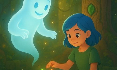 Un fantasma chiamato Elio, translucido e luminoso, volto sorridente e occhi a mandorla brillanti, fluttua sopra un altare di pietra con mani trasparenti tese verso le gemme; Azzurra, bambina di circa 10–12 anni con capelli azzurro cielo di media lunghezza e vestito semplice verde muschio, posa con dolcezza le tre gemme scintillanti sull'altare; sul muro dietro l'altare è scolpito un grande albero millenario dalle radici spesse e legno screpolato, con una gemma verde incastonata nel tronco; il tempio è coperto di muschio e liane, pareti di pietra ricoperte di piante, raggi di luce dorata filtrano attraverso il fogliame e piccole lucciole fluttuano, mentre le gemme — terra verde, cielo argento, mare blu profondo — si assemblano sull'altare e illuminano la foresta in un'atmosfera calda, incantata, con colori vividi e texture dettagliate.