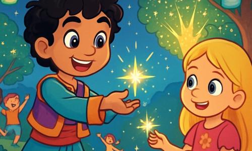 Aladino, un ragazzo di dieci anni con occhi brillanti come stelle e capelli neri ricci, sorride entusiasta mentre porge una piccola scintilla luminosa a un altro bambino. Indossa una tunica colorata e pantaloni leggeri, e il suo viso esprime una gioia contagiosa. Accanto a lui, una bambina di nove anni, con lunghi capelli biondi e un vestito rosa decorato con fiori, guarda Aladino con ammirazione, pronta a ricevere la scintilla. Lo scenario è un parco magico, pieno di lanterne colorate che fluttuano nell'aria e alberi con foglie scintillanti che brillano sotto un cielo crepuscolare punteggiato di stelle. I bambini ridono e ballano attorno a un grande albero luminoso, dove lampi di luce esplodono come fuochi d'artificio. La scena principale mostra Aladino che condivide la sua scintilla magica con i suoi amici, creando una catena di luce che illumina il parco, simboleggiando gioia e solidarietà tra i bambini.
