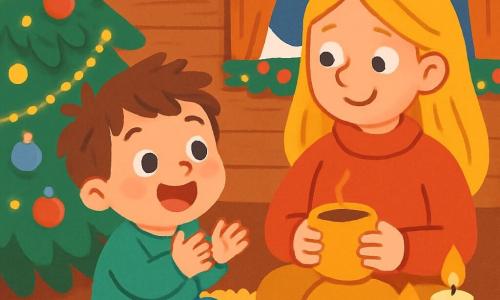 Un niño de 2 años, con cabello castaño desordenado y ojos brillantes de alegría, está sentado cerca de un árbol de Navidad decorado con luces parpadeantes y bolas de colores. Sonríe con asombro, sus mejillas rosadas iluminadas por el brillo de las guirnaldas. Su madre, una mujer de unos 30 años con cabello largo y rubio, está sentada a su lado, vestida con un cálido suéter rojo. La mira con ternura, sosteniendo una taza de chocolate caliente en sus manos, mientras la calidez de las velas en la mesa crea un ambiente acogedor. La escena tiene lugar en una sala acogedora, con paredes de madera, una alfombra suave y ventanas adornadas con copos de nieve que caen suavemente afuera. La habitación está llena de decoraciones navideñas, y el aroma de galletas recién horneadas flota en el aire. El niño, maravillado, aplaude alegremente imitando el sonido de las campanas de Navidad, mientras su madre le sonríe, compartiendo juntos este momento mágico.