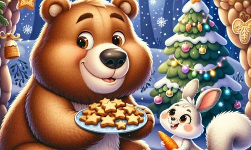 Un gran oso pardo llamado Bruno, con un pelaje suave y ojos brillantes de alegría, está sentado en su cueva acogedora, rodeado de decoraciones navideñas brillantes. Sonríe ampliamente mientras sostiene un plato de pasteles en forma de estrellas, listo para compartir su deliciosa creación. A su lado, una pequeña ardilla llamada Lila, con pelaje rojo y una cola esponjosa, salta de alegría, sus ojos brillando de emoción, sosteniendo una pequeña nuez en sus patas. Un adorable conejo blanco llamado Tito, con largas orejas y una sonrisa juguetona, se encuentra cerca del árbol de Navidad, decorado con guirnaldas coloridas y una estrella dorada, extendiendo una zanahoria a Bruno. La cueva está iluminada por luces multicolores, con un gran árbol decorado en el centro, y copos de nieve caen suavemente afuera, creando una atmósfera mágica navideña. En esta escena, Bruno y sus amigos se preparan para celebrar juntos la fiesta más hermosa del año, llenos de alegría y amistad.