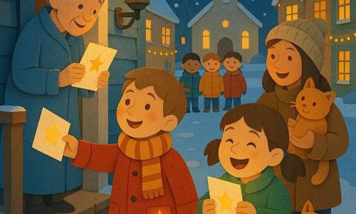 Un ragazzino di 8 anni, Nico, sorridente e incantato, capelli castani corti, cappotto rosso e sciarpa a righe, porge una cartolina di Natale ornata da una piccola stella dorata scintillante; alla sua sinistra la nonna di circa 70 anni, capelli grigi raccolti e lungo cappotto azzurro chiaro, la riceve commossa sul pianerottolo; alla sua destra Sofia, bimba di circa 8 anni con due codini e cappotto verde, ride aprendo la sua cartolina accanto a un gattino curioso; dietro Sofia una vicina sui 30 anni con berretto beige tiene in braccio un gattino rosso e sorride mostrando la cartolina; più avanti tre bambini con cappotti colorati osservano incantati sui gradini della chiesa; la strada del villaggio è innevata con case in legno pastello, lucine dorate e lampioni retrò, piccole impronte nella neve; scena notturna di distribuzione di cartoline natalizie magiche, luci calde che emanano dalle carte e da una stellina dorata nella tasca di Nico, visi illuminati, atmosfera accogliente e festosa con forte contrasto tra il blu freddo della neve e i gialli/arancioni delle luci.