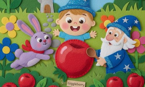 A happy, amazed 2-year-old boy with round cheeks and bright eyes, wearing a shiny blue hat, reaches toward a large giggleberry; a small purple rabbit named Binky with soft ears and a red scarf hops to the boy's left looking at the berry; the Old Wobbly Wizard, an elderly man with a long white beard and a starry coat, leans in from the right holding a wooden spoon, mischievous and kind. The simple, child-friendly scene is a colorful felt meadow with flat flowers, cut green grass, a small round-stone felt path and a crooked tower in the background, visible thread and seam textures, the characters gathered around a bush of big round giggleberries, some glossy and some slightly crumpled, cheerful and bright.