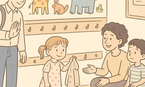 Four characters: Mila, 4, light brown pigtails and polka-dot dress, centered as she hangs her small coat on a star-marked hook, slightly smiling; Dad, adult man in blue pants and light shirt, left by the door with a backpack, hand raised in farewell, kindly watching Mila; Ms. Green, adult teacher with short curly hair and a soft sweater, crouched to Mila’s right with open hands and a reassuring smile; Leo, 5, short black hair and striped tee, slightly behind Ms. Green holding a bag with a stuck zipper, curiously watching Mila. Setting: bright school corridor with low wooden hooks, a large colorful animal mural, light checkerboard floor, rounded posters and a small window letting in soft light. Main moment: drop-off as Mila hangs her coat on the star hook, her father leaves, the encouraging teacher at her side and a classmate with a jammed zipper observing; calm, safe, warm atmosphere.