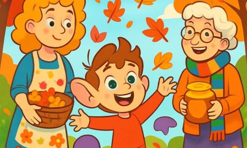 Milo, un ragazzino con grandi orecchie pelose e una coda viola, è in piedi nel mezzo di un giardino autunnale splendente. Il suo viso irradia gioia, con occhi verdi scintillanti, mentre lancia foglie colorate in aria, creando una pioggia di rosso, oro e arancione intorno a lui. Accanto a lui, sua madre, una donna con capelli ricci e dorati, sorride teneramente indossando un grembiule floreale e tenendo un cesto pieno di foglie. Guarda Milo con orgoglio e divertimento. Un po' più lontano, la nonna, con la sua lunga sciarpa colorata e occhiali rotondi, osserva la scena ridendo, con un grande sorriso sul volto, mentre tiene un barattolo di miele tra le mani. Il giardino è un vero e proprio quadro autunnale, con alberi dai colori vivaci, un cielo blu chiaro punteggiato di nuvole soffici e fiori dai colori vivaci che aggiungono un tocco di magia. La scena principale mostra Milo che si diverte a giocare con le foglie, circondato dalla sua famiglia, in un'atmosfera calda e festosa, celebrando la bellezza dell'autunno.
