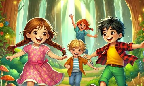 Four children, two girls and two boys, are playing together in an enchanted forest. Mia (girl, 8 years old) has long brown hair and wears a pink dress with flowers, joyfully running towards the center of the image. Zoe (girl, 7 years old) has braided blonde hair and wears a yellow t-shirt with denim shorts, smiling and raising her arms in the back. Leo (boy, 8 years old) has messy black hair and wears a blue t-shirt with green pants, running with open arms, ready to catch Mia. Max (boy, 7 years old) has brown hair and wears a red checkered shirt, laughing and watching the game from the back. The setting is a dense forest with large trees, vibrant green leaves, and colorful flowers on the ground, with sunlight filtering through the foliage, creating a magical atmosphere. In the center, the Big Bad Wolf, large and furry with bright eyes and a friendly smile, watches them play hide and seek. Sitting on his hind legs, he appears friendly and ready to have fun, and the children seem delighted to play with him, illustrating a moment of unexpected joy and friendship.