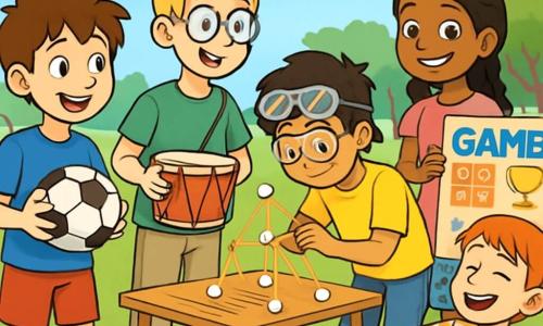 There are 5 children: Max, an 11-year-old boy with messy brown hair and sparkling eyes, wearing a blue t-shirt and red shorts, holding a football; Lucas, a 12-year-old tall and clumsy boy with round glasses and blonde hair, dressed in a green t-shirt and beige pants, smiling while holding a drum; Aiden, an 11-year-old boy with black hair and protective goggles on his forehead, wearing a yellow t-shirt and jeans, leaning over a table with spaghetti and marshmallows to build a tower; Jamie, an 11-year-old boy with red hair and freckles, wearing a striped t-shirt and shorts, enthusiastically playing guitar while sitting on the grass; and Priya, a 10-year-old girl with long braided brown hair, wearing a pink t-shirt and a floral skirt, standing and smiling while holding a large colorful sign with game rules. The scene takes place on a sunny sports field filled with colorful flags fluttering in the wind. Groups of children are playing around, some sitting on the green grass, others busy at a table with crafting materials. In the background, trees provide shade, and a clear blue sky adds a cheerful touch. The main situation shows the five children joyfully collaborating to organize fun games. Max and Lucas discuss the game rules, while Aiden and Priya build a tower with spaghetti. Jamie plays guitar, creating a festive atmosphere. All the children appear happy and engaged, illustrating teamwork and gender equality in a playful setting.