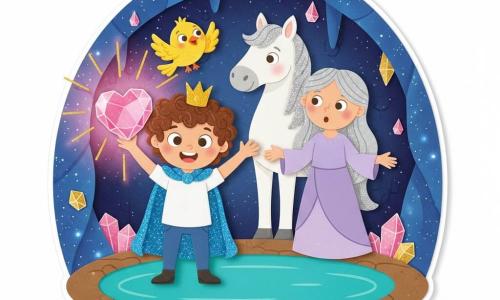 Prince (boy) center, joyful confident face, curly brown hair, sparkling blue cape, simple gold crown, holding a large glowing pink crystal-heart; upright posture, arms raised, wide smile, bright round eyes. Pip the bird, small vivid yellow, wings open flying just above the prince’s shoulder, playful expression, orange beak. Malvoria, softened witch, light purple dress, silver-gray hair loose, open hands, surprised calm look, slightly behind and to the right. Stardust, white horse with glittering mane, gentle muzzle, standing behind the prince, calm gaze, ears forward. Setting: round dark-blue cavern with sparkling patterns, turquoise mirror pool reflecting the heart’s glow, rounded stalactites and embedded pink and gold crystals. Scene: warm light as the crystal-heart radiates pink and gold rays enveloping the witch — simple composition, rounded shapes, bright colors, thick outlines, EVA-foam textures visible, reassuring magical atmosphere.