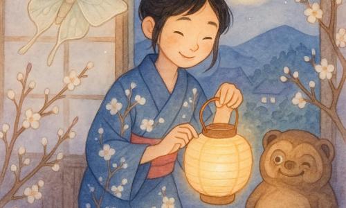 Young Hana, smiling and dreamy, holds a small paper lantern glowing warm gold while wearing an indigo kimono with plum‑branch motifs and her black hair in a simple bun; a pale large moth with translucent rice‑colored wings and threadlike silver antennae flutters near the window, a rounded patinated tanuki statue with mischievous eyes winks on the threshold to her right, and a bright red maple leaf edged with a faint halo floats above the lantern; the setting is a small Japanese village at dusk with dark porch planks, washi window paper, flowering plum branches and bluish distant mountains, as Hana opens the window by the lantern’s soft light, curiously watching the three magical visitors on her doorstep.
