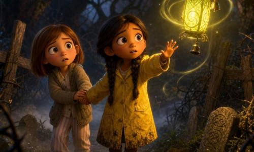Two 8-year-old girls stand at the edge of a dark thicket called Blackthorn Hollow: on the left a girl with long brown hair in two braids wearing a crumpled yellow rain jacket and muddy boots reaches toward a green-gold floating lantern with a curious but hesitant expression; just behind her a girl with chin-length light brown hair in striped pajamas under a gray cardigan and slippers holds her friend’s hand and watches the lantern with wide worried eyes. Twisted black trunks covered in moss, thorny brambles, wet leaf-strewn ground and low-lying mist curl around their feet; a half-buried carved stone and a crossed wooden fence lie nearby. The lantern hovers without a cord, casting green-gold light and long wavering shadows, bells hanging from it giving faint glints, creating a mysterious, slightly eerie but nonviolent atmosphere.