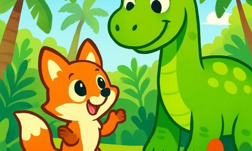 Een kleine vos genaamd Vinnie, met een heldere oranje vacht en nieuwsgierige sprankelende ogen, staat in het midden van de scène, met zijn voorpoten omhoog, verwonderd over zijn omgeving. Naast hem staat een grote herbivore dinosaurus, met een groene huid en glanzende schubben, die vriendelijk glimlacht, zijn zachte ronde ogen tonen vriendelijkheid. Ze bevinden zich in een weelderig prehistorisch bos, vol grote varens, reusachtige palmbomen en kleurrijke bloemen die bloeien onder een stralende blauwe lucht. Vinnie kijkt verwonderd naar de dieren die om hen heen huppelen, terwijl Dino, met een blije uitdrukking, hem de verschillende planten laat zien die hij kan eten.