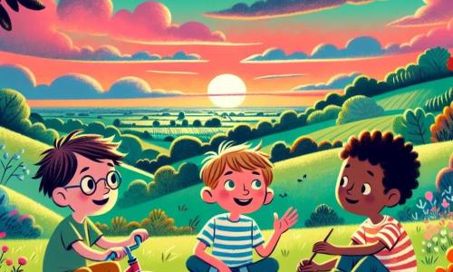 Drie jongens zitten op een groene heuvel bij zonsondergang. Sam, een 10-jarig jongen met bruin haar en een bril, glimlacht terwijl hij zijn driewieler naast zich houdt. Tom, een 9-jarig jongen met blond haar en sprankelende ogen, kijkt verwonderd naar de lucht met zijn armen wijd open. Max, een 8-jarig jongen met rommelig zwart haar en een gestreept t-shirt, tekent vormen in de grond met een stok, geconcentreerd op zijn werk. De heuvel is zacht en bedekt met groen gras en kleurrijke bloemen. Aan de horizon zakt de zon en werpt roze en oranje tinten in de lucht, terwijl lichte wolken zachtjes drijven. De jongens praten vrolijk over hun avontuurlijke dag en delen hun gedachten over het belang van vriendschap, terwijl de kleuren van de lucht samensmelten, wat de schoonheid van hun band symboliseert.