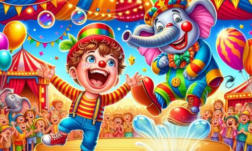 Un niño de 4 años, con cabello castaño desordenado y una gran sonrisa maravillada, lleva un gorro de rayas coloridas. Salta de alegría, con los brazos levantados, en medio de una escena de circo animada. A su lado, el payaso Coco, un hombre de unos 30 años, con una nariz roja y zapatos gigantes, tropieza riendo, con los brazos extendidos, listo para caer en una piscina de burbujas brillantes. Un poco más allá, la señora Elefanta, una elefanta graciosa, se sostiene sobre sus patas traseras, con flores coloridas colgadas de sus grandes orejas. El circo está lleno de colores vivos, con carpas a rayas rojas y amarillas, luces centelleantes y globos flotando en el aire. En el centro, un escenario de madera está rodeado de espectadores alegres, todos cautivados por el espectáculo. La escena principal muestra al niño riendo a carcajadas mientras el payaso Coco cae en la piscina de burbujas, creando una explosión de espuma y risas a su alrededor.