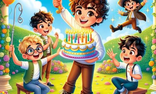 Em um jardim ensolarado, um garoto de 12 anos chamado Pedro, com cabelos castanhos e cacheados, sorri alegremente segurando um grande bolo de aniversário decorado com velas coloridas. Ao seu lado, seu melhor amigo Lucas, um garoto com cabelos loiros e olhos brilhantes, faz pose de pirata, levantando uma espada de plástico. Um pouco mais adiante, Miguel, um garoto com cabelos pretos e óculos, flutua no ar, rindo e fazendo acrobacias, enquanto João, um garoto com cabelos castanhos e sardas, aplaude entusiasticamente. O jardim está cheio de balões coloridos flutuando no ar, de guirlandas festivas penduradas nas árvores e de uma grande mesa decorada com pratos de doces e copos. Ao fundo, uma porta mágica brilha, cercada de flores vibrantes, adicionando um toque de mistério à cena. A situação principal mostra Pedro e seus amigos celebrando seu aniversário, cercados de risos e alegria, enquanto se preparam para soprar as velas do seu bolo sonhando com aventuras mágicas.
