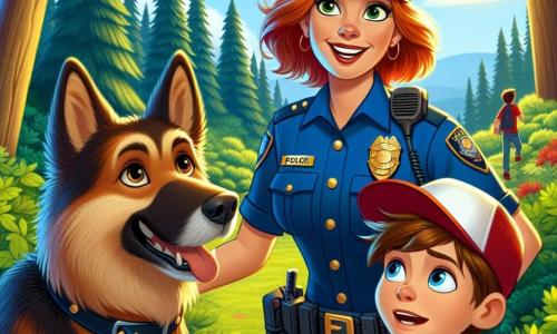Im Vordergrund steht die lächelnde Polizistin Anna, etwa dreißig Jahre alt, mit glänzendem rotem Haar und blauem Uniform, die einen Polizeihund namens Rex streichelt, der ein goldenes Fell und einen intelligenten Blick hat. Sie zeigt Stolz und Entschlossenheit, bereit, anderen zu helfen. Neben ihr steht ein zehnjähriger Junge, Tim, mit zerzausten braunen Haaren und einer roten Mütze, der den Hund mit weit aufgerissenen Augen bewundernd ansieht. Im Hintergrund sieht man einen dichten Wald mit majestätischen grünen Bäumen und Sonnenstrahlen, die durch das Blätterdach filtern und eine warme, einladende Atmosphäre schaffen. Die Szene zeigt, dass Anna und Rex gerade einen verlorenen Wanderer gefunden haben, was den Teamgeist und die Bedeutung der Polizei in der Gemeinschaft verdeutlicht.