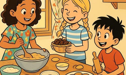 Há 3 personagens principais:

- Uma menina chamada Amina, de 8 anos, com cabelos castanhos encaracolados e olhos brilhantes, vestindo um vestido colorido. Ela está de pé perto da mesa, segurando uma colher de pau.
- Uma menina chamada Mara, de 7 anos, com cabelos loiros presos em duas tranças e um sorriso travesso, vestindo uma camiseta listrada. Ela está ao lado de Amina, segurando uma cestinha de tâmaras.
- Um menino chamado Sami, de 6 anos, com cabelos pretos bagunçados e olhos curiosos, vestindo uma camiseta vermelha. Ele está sentado no chão, brincando com um rolo de massa como se fosse uma varinha mágica.

O local é uma cozinha acolhedora e iluminada, com paredes de cor creme e cortinas com estampas florais. Uma grande mesa de madeira está no centro, coberta de tigelas, frutas e pãezinhos. Raios de sol atravessam a janela, iluminando o ambiente com uma luz dourada.

A situação principal mostra Amina, Mara e Sami preparando biscoitos juntos. Amina mistura a massa com entusiasmo, enquanto Mara e Sami adicionam ingredientes e riem. A atmosfera é alegre e cheia de cumplicidade, com ingredientes espalhados ao redor e um suave aroma de canela no ar.