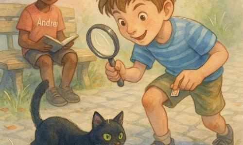 Un băiat de circa 10 ani, păr castaniu des, ochi curioşi, zâmbind, ţine o lupă şi recuperează un mic timbru colorat, purtând tricou în dungi albastre şi şort kaki, genunchi zgâriaţi; Andrei, 10 ani, păr scurt brun, stă pe o piatră la stânga cu un carnet deschis şi priveşte complice; o pisicuţă neagră, Norocel, cu ochi verzi, stă pe o piatră lângă timbru; scena are loc pe o alee pietruită medievală, o bancă veche de lemn în spate şi lumină blândă de dimineaţă, atmosfera de acuarelă în tonuri pastel cu contururi şi reflexe accentuate cu pix gel alb.