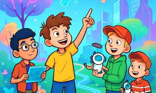 Er zijn 4 kinderen: Timo, een 11-jarig jongen met rommelig bruin haar en een ondeugende glimlach, draagt een felgele t-shirt en een blauwe short. Hij staat in het midden met zijn armen wijd open, vol energie. Malik, een 12-jarige jongen met ronde bril en zwart haar dat naar achteren is gekamd, draagt een geruit overhemd en cargo broek. Hij staat iets links van Timo met een holografische tablet in zijn hand. Jasper, een 11-jarige jongen met blond haar en een rode pet, draagt een groene hoodie en jeans. Hij staat rechts van Timo en laat een klein robotje dansen op zijn hand. Hugo, een 10-jarige jongen met kastanjebruin haar en sproeten, draagt een gestreept t-shirt en een short. Hij staat iets verder naar achteren met grote ogen, terwijl hij het landschap bewondert. De locatie is een futuristisch park in Neonstad, met lichtgevende bomen en kleurrijke hologramdieren. De kinderen verkennen de stad, Timo wijst naar een hologramvogel, Malik leert meer via zijn tablet, Jasper laat zijn robot dansen, en Hugo kijkt met een verwonderde glimlach.