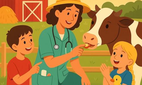 Female veterinarian, smiling and kind, brown curly hair under a yellow hat, light green coat with pockets of bandages and treats, kneeling and gently removing a small piece of apple from a cow's mouth; boy about 10 (Ben), short brown hair, red t-shirt, pointing at the cow's mouth to the left of the vet, proud and enthusiastic; girl about 7 (Mia), blonde pigtails, blue dress, holding a small toy duck and applauding slightly behind the vet to the right, amazed; brown-and-white cow (Clover), large and gentle, a straw tuft on her muzzle, mouth open showing the apple piece, calm near a wooden fence; sunny farmyard at dusk with a red barn, haystack, light wooden fence, green grass with wildflowers, long shadows and warm colors; main scene: tender, clear care moment with the vet and helpful children, happy and safe atmosphere, centered composition, bright contrasting colors and simple flat-design shapes.