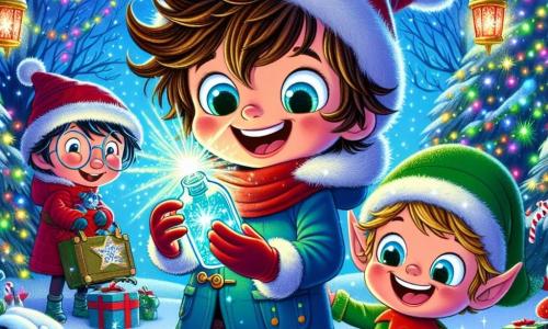 Un niño de 7 años, Lucas, con cabello castaño alborotado y ojos llenos de curiosidad, se encuentra en el centro de la imagen, sonriendo con entusiasmo. Lleva un abrigo azul brillante, un gorro rojo y guantes, mientras sostiene un frasco brillante que contiene una estrella fugaz. A su lado, su mejor amigo Tomás, también un niño de 7 años, con cabello rubio y gafas redondas, ríe alegremente sosteniendo un copo de nieve brillante en su mano. Al fondo, un elfo llamado Brillo, pequeño y travieso, con orejas puntiagudas y un traje verde, los observa con una sonrisa alentadora, listo para guiarlos. El escenario se sitúa en la Montaña Mágica, un paisaje de cuento de hadas donde luces de colores iluminan árboles nevados, y copos de nieve caen suavemente del cielo estrellado. Corrientes brillantes serpentean entre las rocas, y decoraciones navideñas brillan por todas partes, creando una atmósfera alegre y encantada. La situación principal muestra a Lucas y Tomás, llenos de emoción, descubriendo el frasco de estrella fugaz que acaban de capturar, simbolizando su búsqueda mágica para salvar la Navidad.