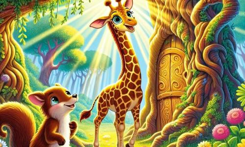 Een majestueuze giraffe, genaamd Gia, staat in het midden van het toneel, met een elegante lange nek en gouden vlekken die schitteren in de zon. Ze heeft een nieuwsgierige en blije blik, haar grote ogen stralen van opwinding terwijl ze het mysterieuze Regenboogbos verkent. Naast haar klimt een ondeugend klein eekhoorntje met een bruine vacht en sprankelende ogen op een lage tak, terwijl het Gia met een ondeugende glimlach observeert. Een wijze uil, met zachte veren en ronde ogen, zit op een hogere tak en kijkt aandachtig naar de scène. De locatie is een betoverd bos, vol met knoestige bomen en kleurrijke bloemen die dansen op de wind. Zonne-stralen filteren door het loof en creëren lichte patronen op de grond. De hoofdscène toont Gia, vol vastberadenheid, voor een mysterieuze deur in een grote eik, klaar om de weg naar geluk te ontdekken, terwijl haar vrienden haar aanmoedigen om de eerste stap in het avontuur te zetten.