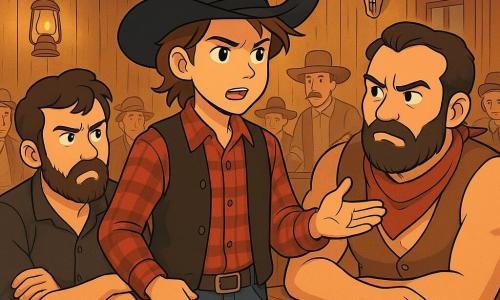 Een vijftienjarige cowboy, Jesse Reed, staat in het midden van de afbeelding met een vastberaden en moedige blik. Hij draagt een zwarte cowboyhoed, een rood geruit overhemd en een leren vest, terwijl zijn bruine haar lichtjes in de wind waait. Rechts van hem zit Colt McGraw, een man van rond de dertig met een ruige baard en een uitdagende blik, met gekruiste armen aan een houten tafel, terwijl hij Jesse nieuwsgierig observeert. Links van hem leunt Hank "De Havik" Harris, een gespierde man van ongeveer veertig met een rode bandana om zijn nek, naar voren, geïntrigeerd door Jesse's woorden. De achtergrond toont een typisch saloon uit het Wilde Westen, met verouderde houten muren, hangende lantaarns en eiken tafels. Op de achtergrond luisteren nieuwsgierige klanten, cowboys en dorpelingen aandachtig naar het gesprek. Jesse pleit met passie voor vrede, terwijl Colt en Hank lijken te aarzelen, met gezichten die een mix van uitdaging en reflectie tonen.