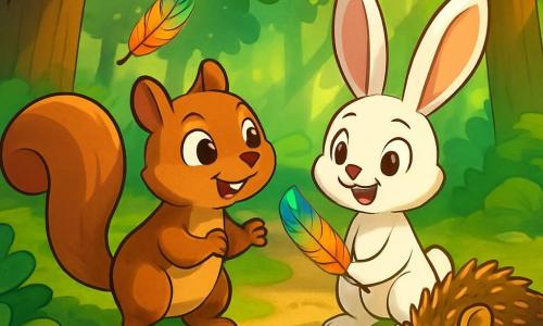 Un piccolo scoiattolo di nome Pino, con il pelo marrone e gli occhi scintillanti di curiosità, si trova ai bordi di un sentiero nascosto in una foresta verdeggiante. Osserva con meraviglia una piuma colorata che fluttua nell'aria, con un'espressione gioiosa e intrigata. Accanto a lui, un coniglietto di nome Leo, con il pelo bianco e grandi orecchie, mostra un sorriso entusiasta, tenendo un'altra piuma tra le zampe. Un po' più in là, un piccolo riccio di nome Riccio, con aculei dorati e un'aria determinata, osserva attentamente il terreno, cercando altri indizi. Il luogo è una foresta incantata, piena di alberi maestosi con foglie di un verde brillante, con raggi di sole che filtrano attraverso il fogliame, creando motivi luminosi sul terreno coperto di muschio. La scena principale mostra Pino e i suoi amici in piena indagine, raccogliendo piume colorate mentre scoprono un sentiero misterioso che li conduce verso un'avventura magica.