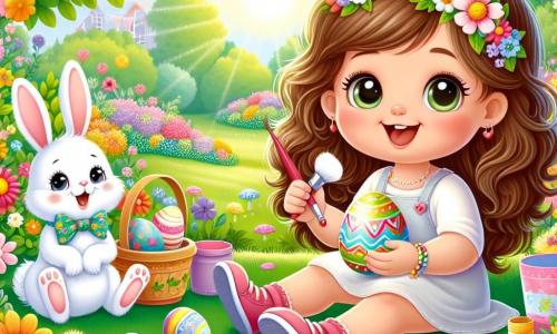 Una niña de 2 años, con grandes ojos brillantes y cabello rizado castaño, está sentada en un jardín colorido, rodeada de flores vibrantes. Sonríe con asombro, sosteniendo un pincel en una mano y un huevo de Pascua blanco en la otra, lista para decorarlo. Junto a ella, un pequeño conejo de Pascua, con pelaje suave y blanco, lleva un pequeño moño colorido y mira a la niña con una sonrisa amistosa. El jardín está lleno de flores multicolores, árboles verdes y rayos de sol que filtran a través de las hojas, creando una atmósfera alegre y festiva. La niña y el conejo pintan juntos huevos de Pascua, llenos de colores vivos y patrones divertidos, mientras ríen y se divierten en este hermoso día primaveral.
